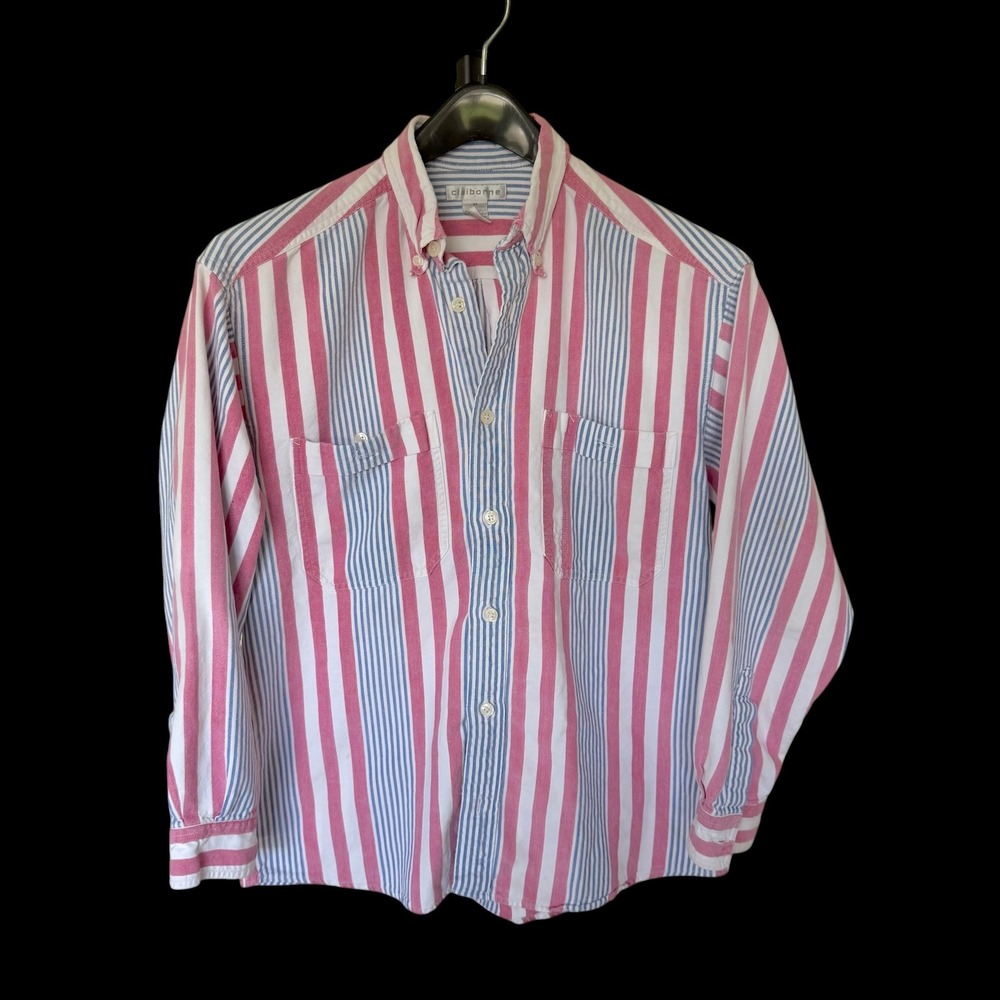 90's Claiborne Med Striped Button Down Shirt Red Blue White Cotton Distressed